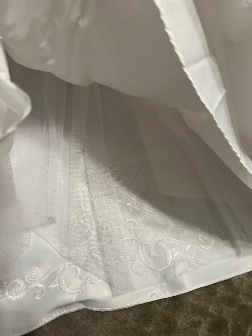 David's Bridal White Satin Flower Girl Dress with Appliqué